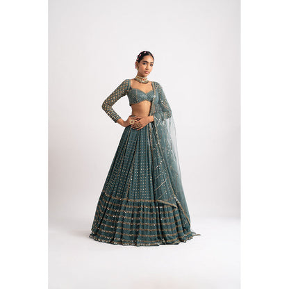 Vvani by Vani Vats Mud Green Single Tier Blouse with Lehenga & Dupatta (Set of 3)