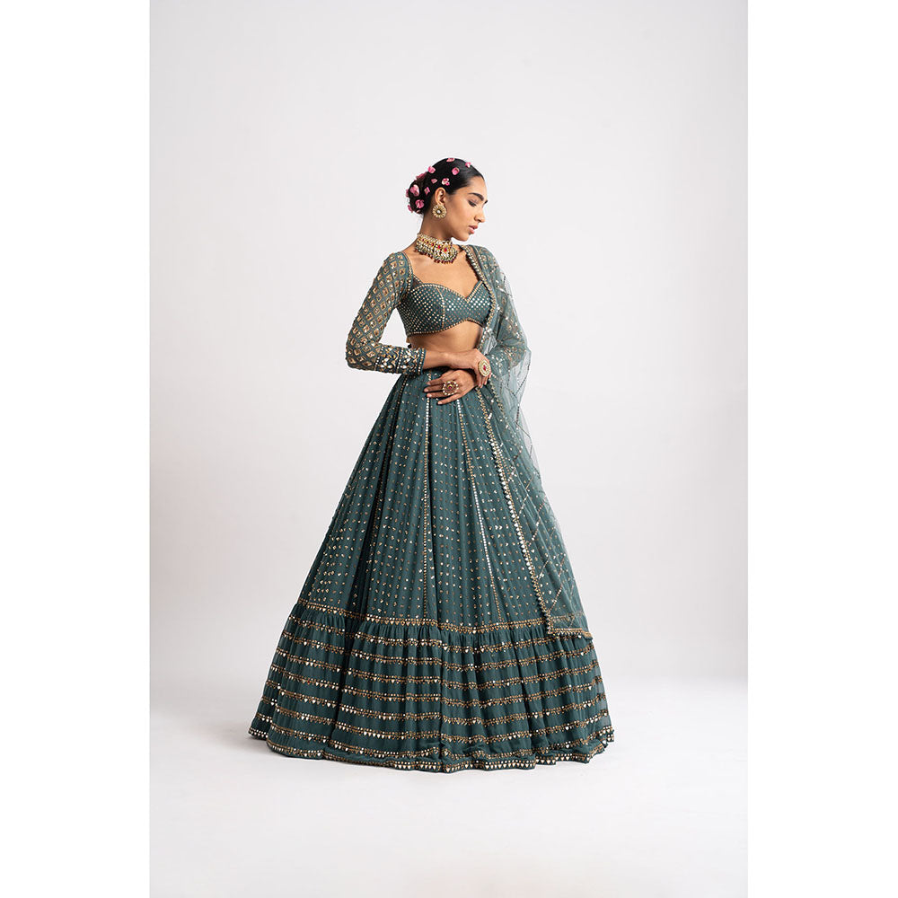 Vvani by Vani Vats Mud Green Single Tier Blouse with Lehenga & Dupatta (Set of 3)