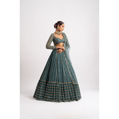 Vvani by Vani Vats Mud Green Single Tier Blouse with Lehenga & Dupatta (Set of 3)