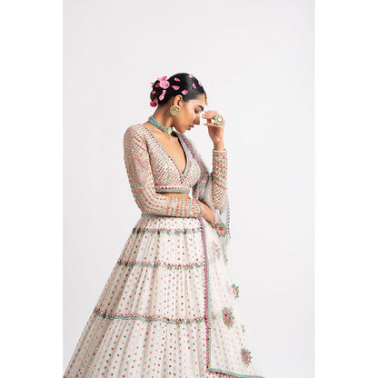 Vvani by Vani Vats White Multi Tier Blouse with Lehenga & Dupatta (Set of 3)