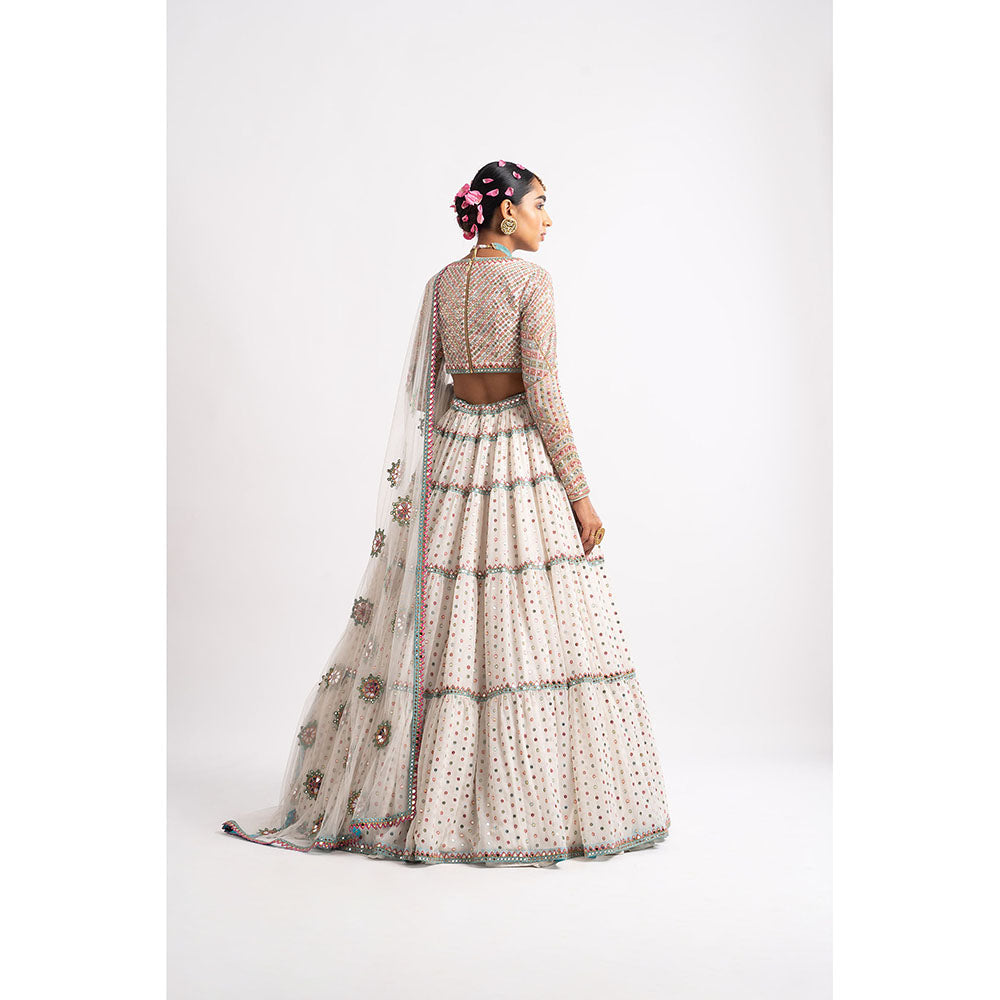 Vvani by Vani Vats White Multi Tier Blouse with Lehenga & Dupatta (Set of 3)