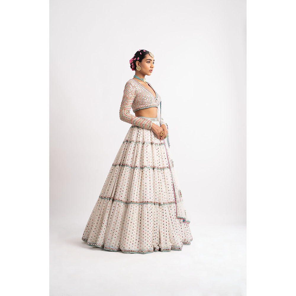 Vvani by Vani Vats White Multi Tier Blouse with Lehenga & Dupatta (Set of 3)