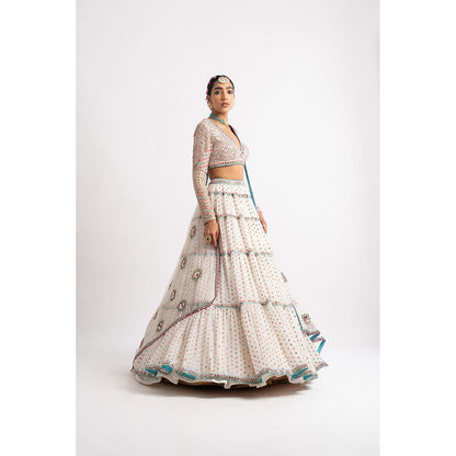 Vvani by Vani Vats White Multi Tier Blouse with Lehenga & Dupatta (Set of 3)