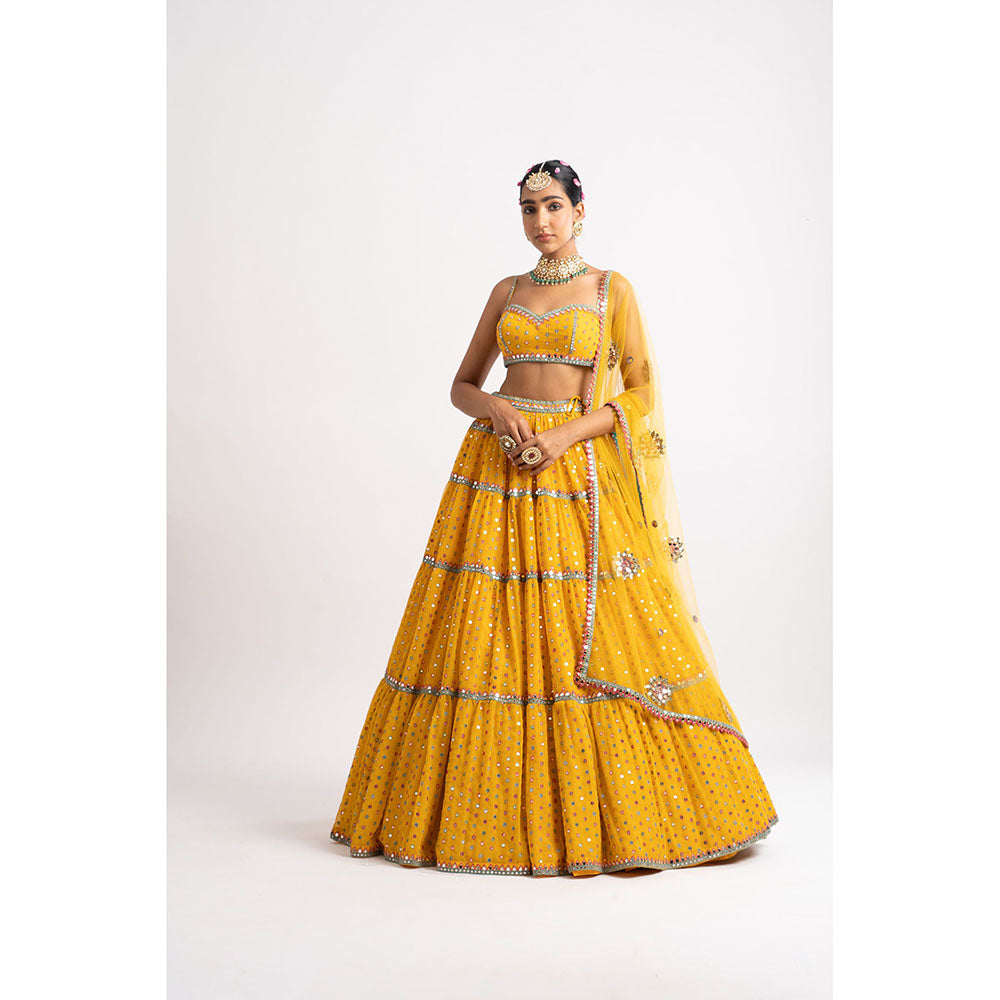 Vvani by Vani Vats Mustard Noodle Strap Multi Tier Blouse with Lehenga & Dupatta (Set of 3)