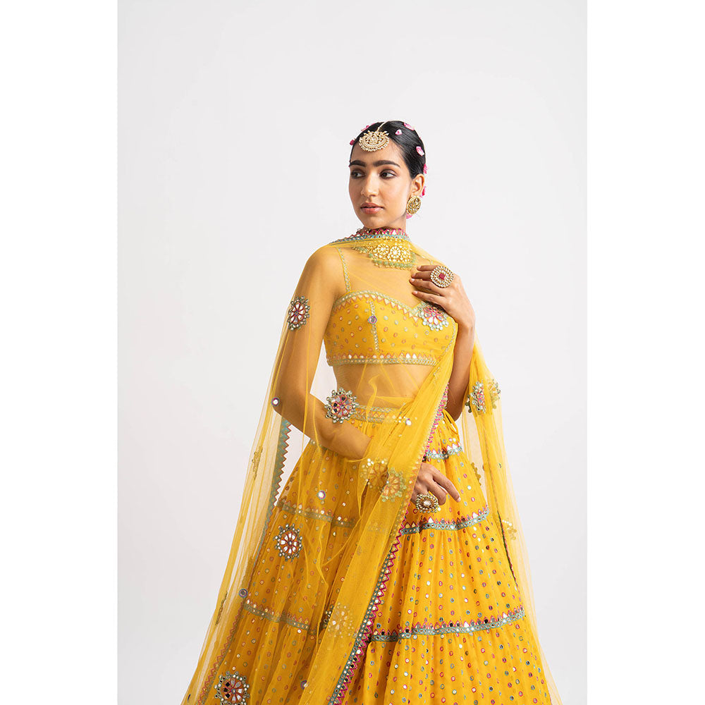 Vvani by Vani Vats Mustard Noodle Strap Multi Tier Blouse with Lehenga & Dupatta (Set of 3)
