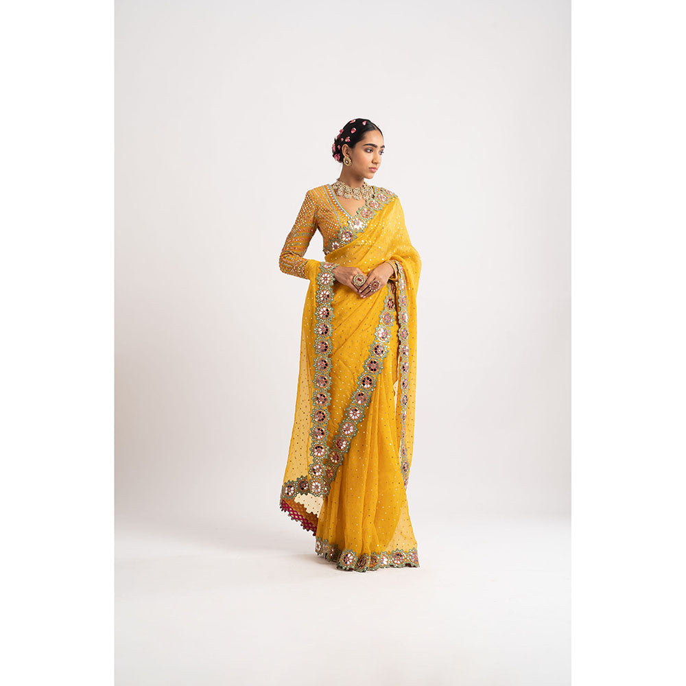Vvani by Vani Vats Mustard Hand Cut Mirror Border Saree & Stitched Blouse