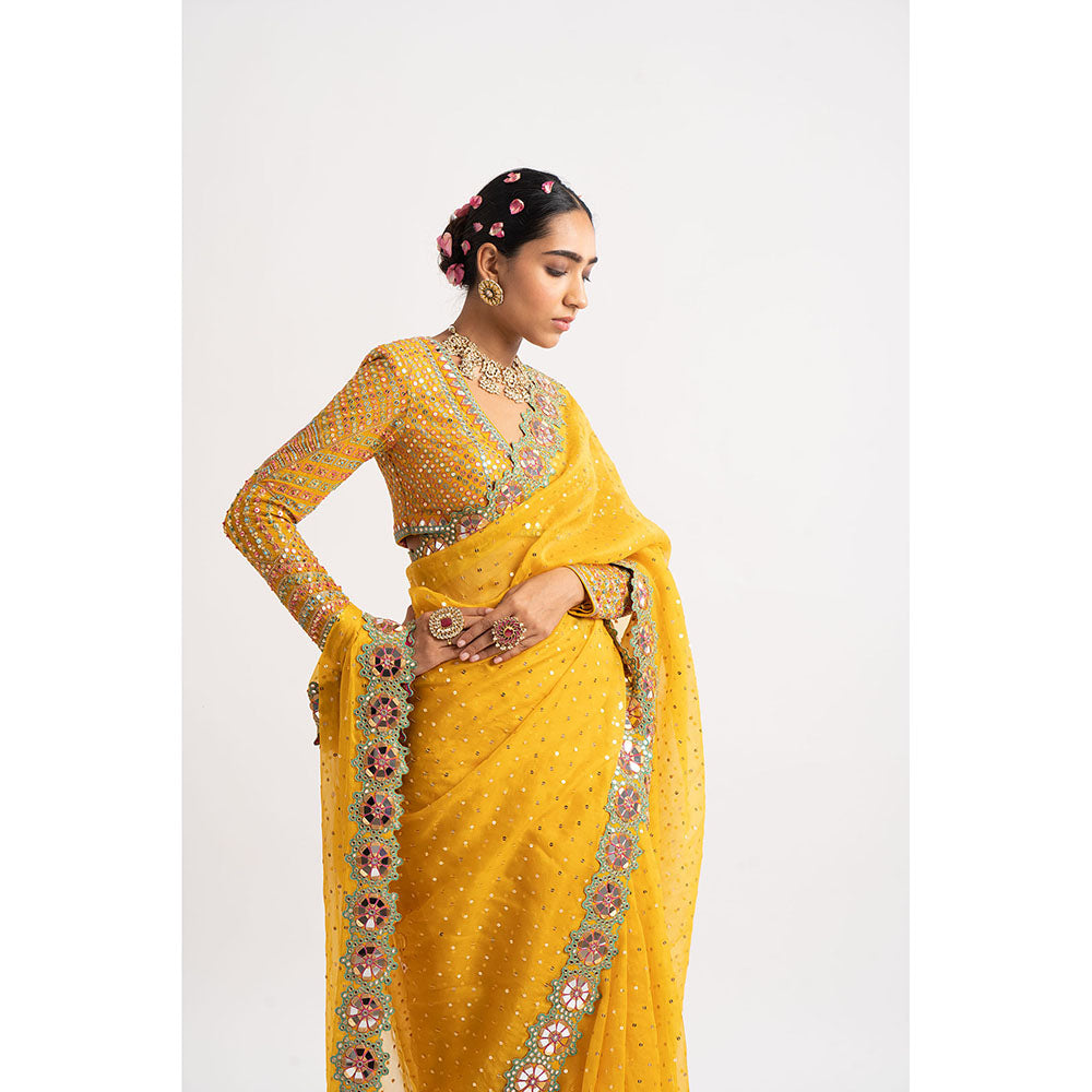 Vvani by Vani Vats Mustard Hand Cut Mirror Border Saree & Stitched Blouse