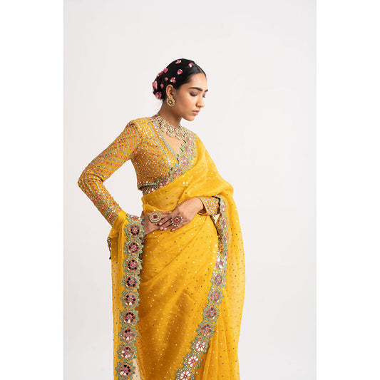Vvani by Vani Vats Mustard Hand Cut Mirror Border Saree & Stitched Blouse