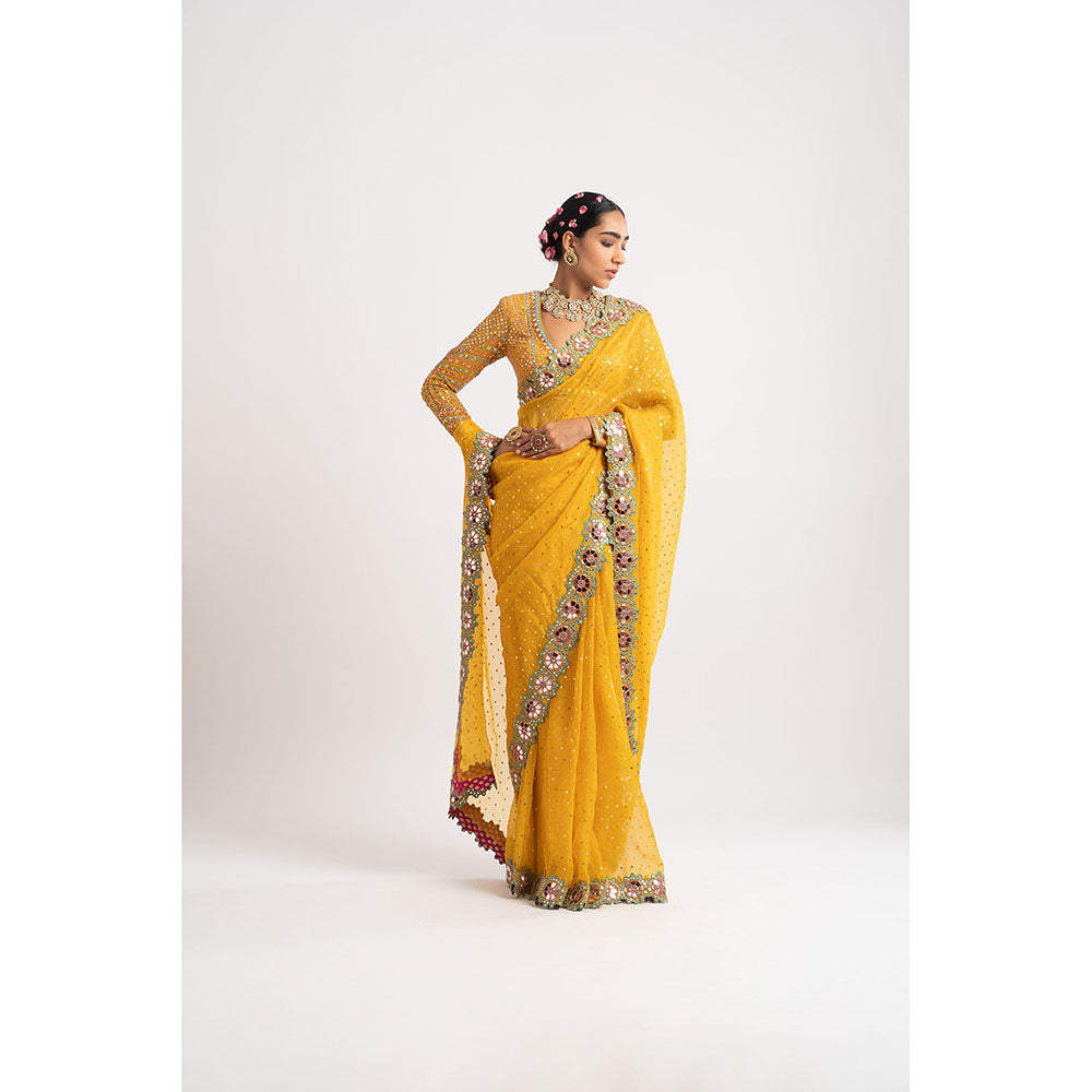 Vvani by Vani Vats Mustard Hand Cut Mirror Border Saree & Stitched Blouse
