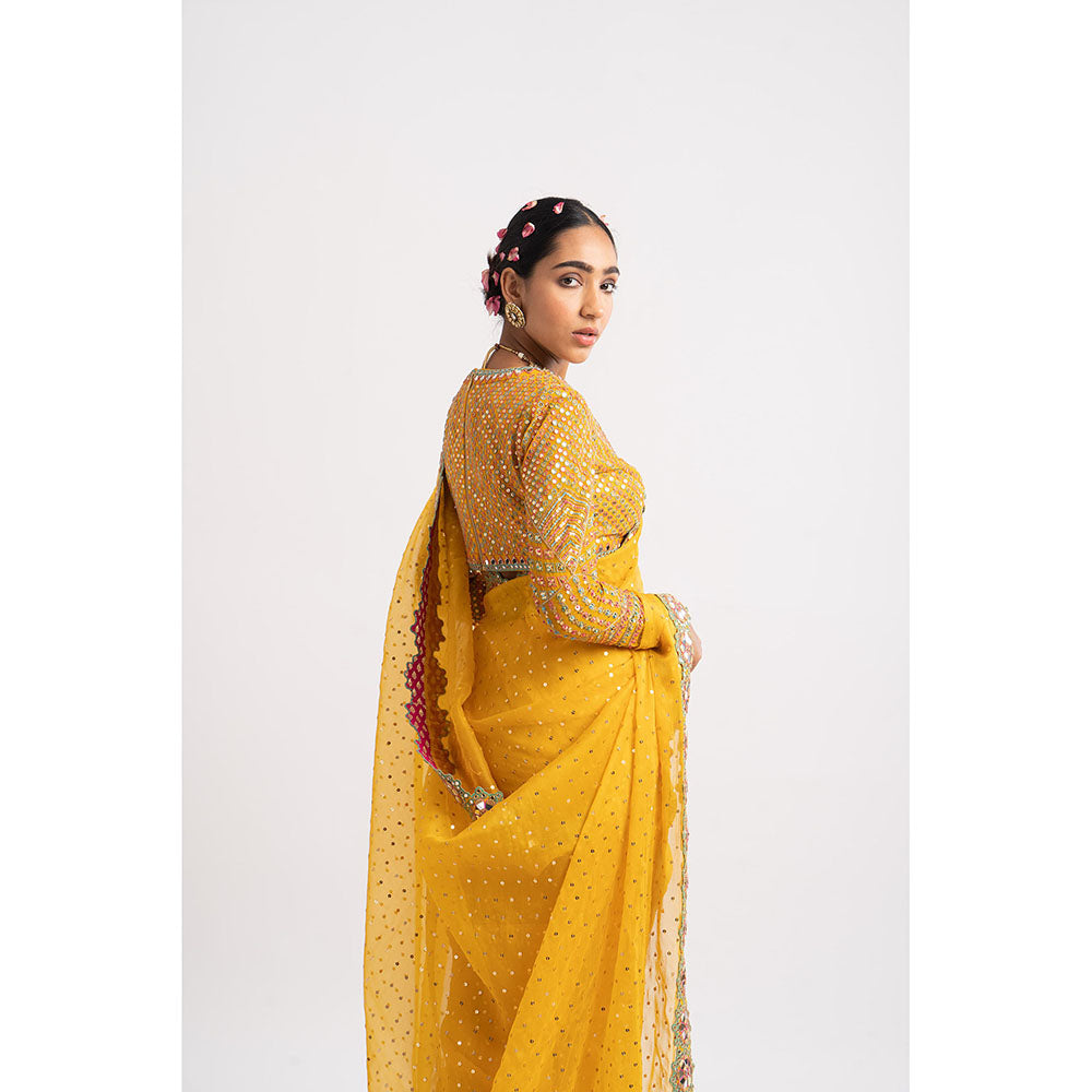 Vvani by Vani Vats Mustard Hand Cut Mirror Border Saree & Stitched Blouse
