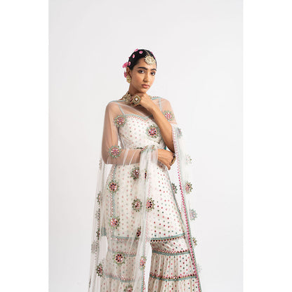 Vvani by Vani Vats White Multi Tier Multi Color Kurti with Sharara & Dupatta (Set of 3)