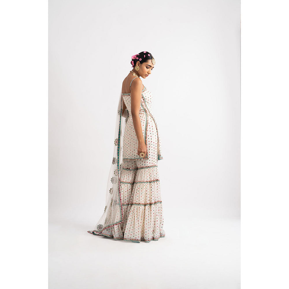 Vvani by Vani Vats White Multi Tier Multi Color Kurti with Sharara & Dupatta (Set of 3)