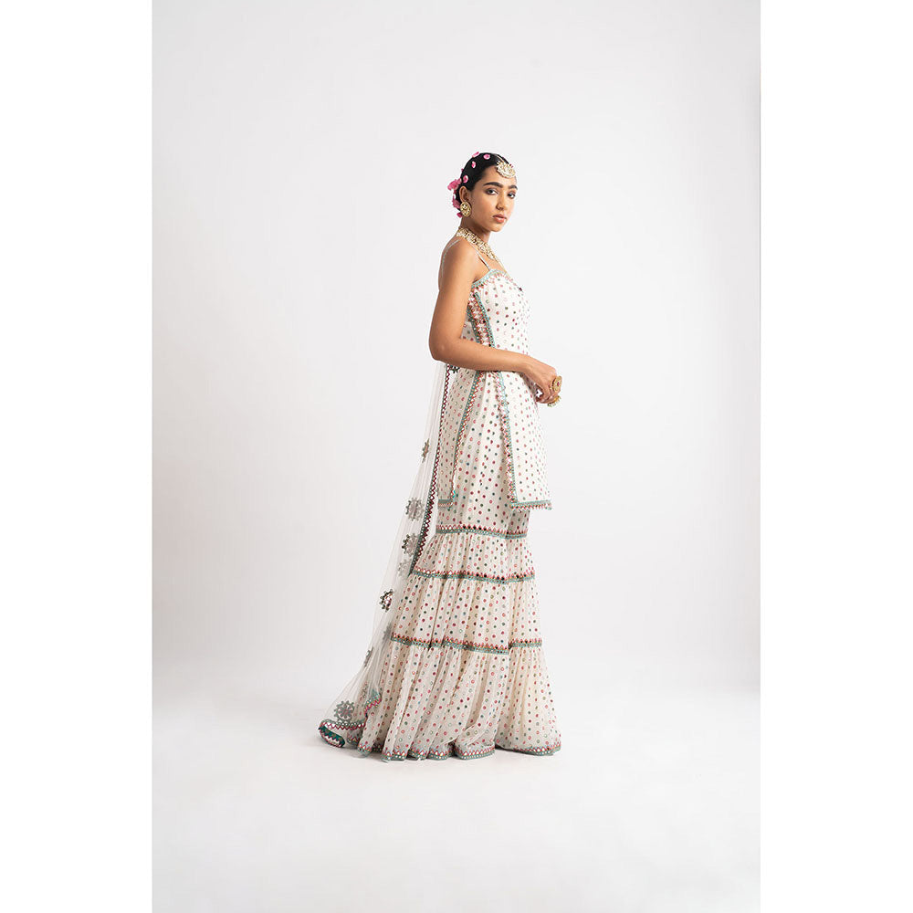 Vvani by Vani Vats White Multi Tier Multi Color Kurti with Sharara & Dupatta (Set of 3)