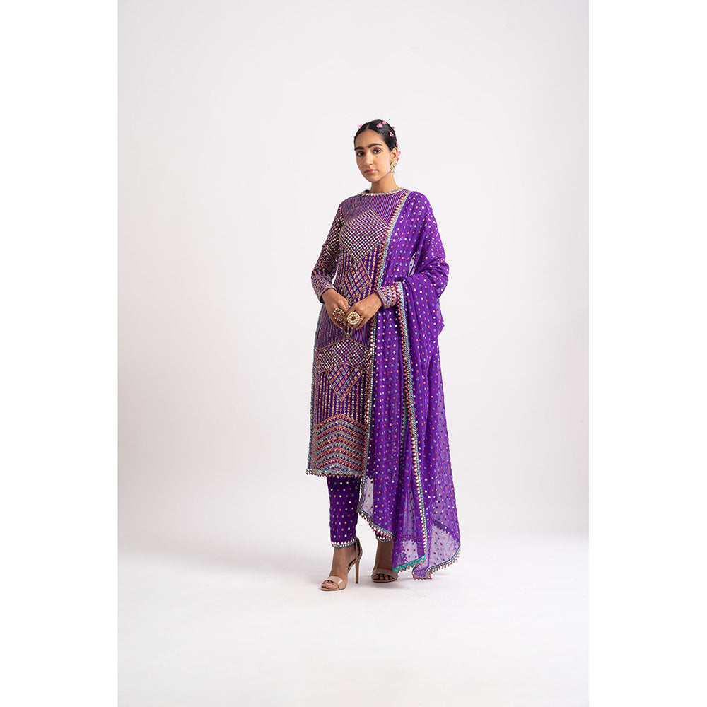 Vvani by Vani Vats Purple Multi Embroidery Round Neck Kurta & Pant with Dupatta (Set of 3)