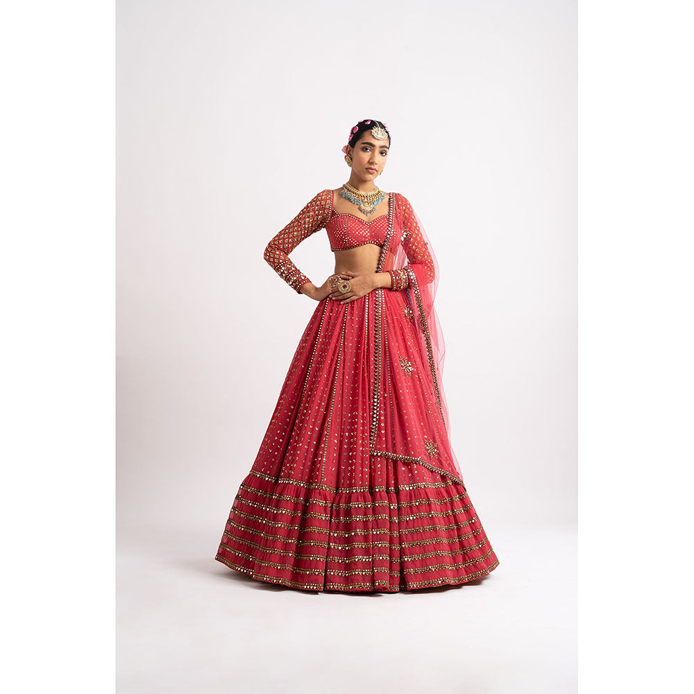 Vvani by Vani Vats Deep Coral Single Tier Blouse with Lehenga & Dupatta (Set of 3)