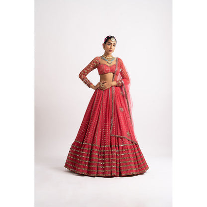 Vvani by Vani Vats Deep Coral Single Tier Blouse with Lehenga & Dupatta (Set of 3)