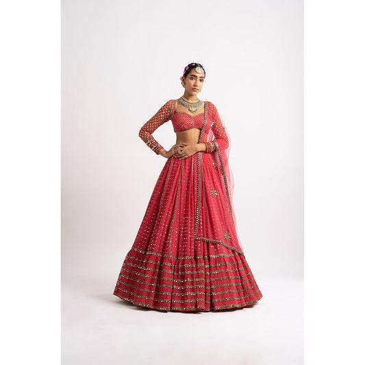 Vvani by Vani Vats Deep Coral Single Tier Blouse with Lehenga & Dupatta (Set of 3)