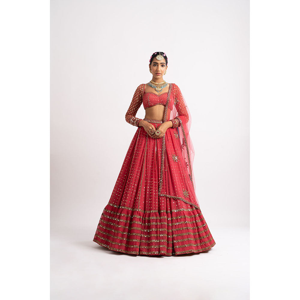 Vvani by Vani Vats Deep Coral Single Tier Blouse with Lehenga & Dupatta (Set of 3)