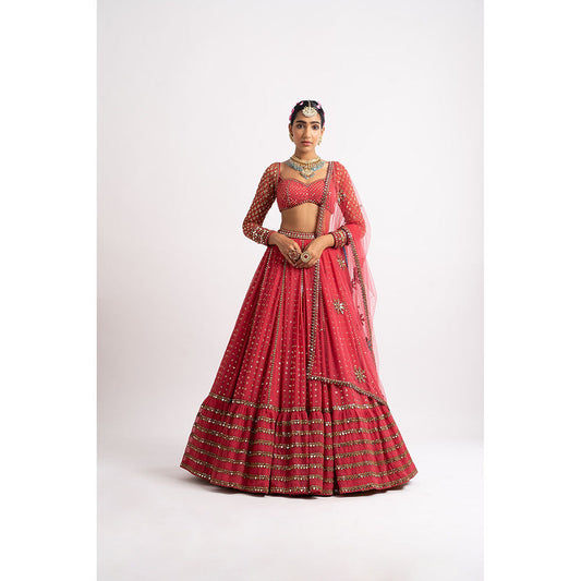 Vvani by Vani Vats Deep Coral Single Tier Blouse with Lehenga & Dupatta (Set of 3)