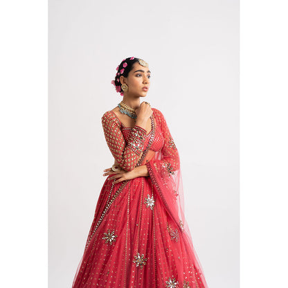 Vvani by Vani Vats Deep Coral Single Tier Blouse with Lehenga & Dupatta (Set of 3)