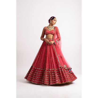Vvani by Vani Vats Deep Coral Single Tier Blouse with Lehenga & Dupatta (Set of 3)