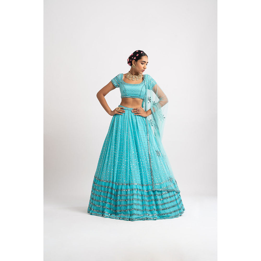 Vvani by Vani Vats Mint Blue Single Tier Blouse with Lehenga & Dupatta (Set of 3)