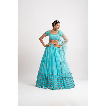 Vvani by Vani Vats Mint Blue Single Tier Blouse with Lehenga & Dupatta (Set of 3)