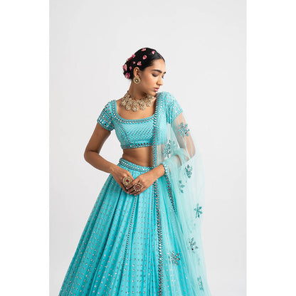 Vvani by Vani Vats Mint Blue Single Tier Blouse with Lehenga & Dupatta (Set of 3)