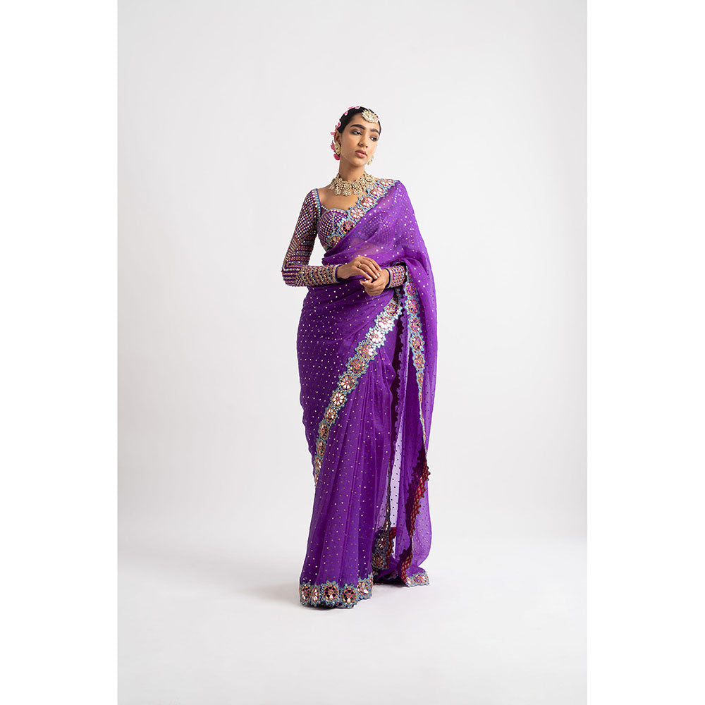 Vvani by Vani Vats Purple Hand Cut Mirror Border Saree & Stitched Blouse