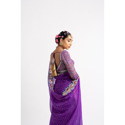 Vvani by Vani Vats Purple Hand Cut Mirror Border Saree & Stitched Blouse