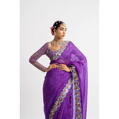 Vvani by Vani Vats Purple Hand Cut Mirror Border Saree & Stitched Blouse