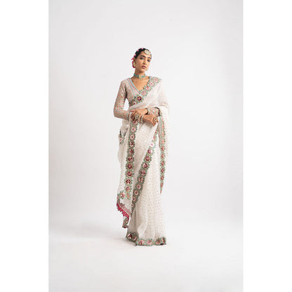 Vvani by Vani Vats White Hand Cut Mirror Border Saree & Stitched Blouse