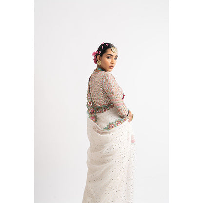 Vvani by Vani Vats White Hand Cut Mirror Border Saree & Stitched Blouse