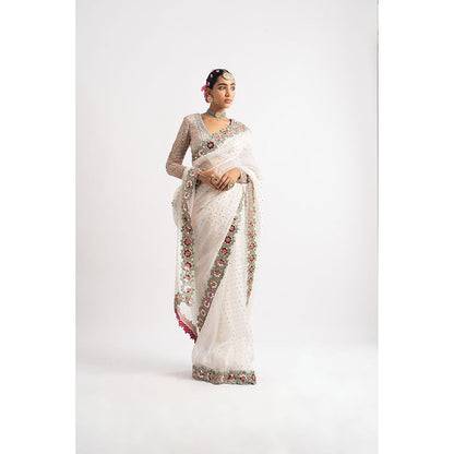Vvani by Vani Vats White Hand Cut Mirror Border Saree & Stitched Blouse