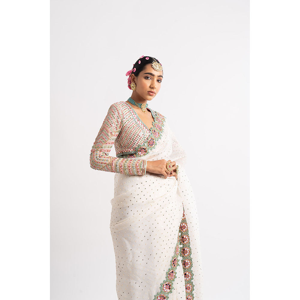 Vvani by Vani Vats White Hand Cut Mirror Border Saree & Stitched Blouse