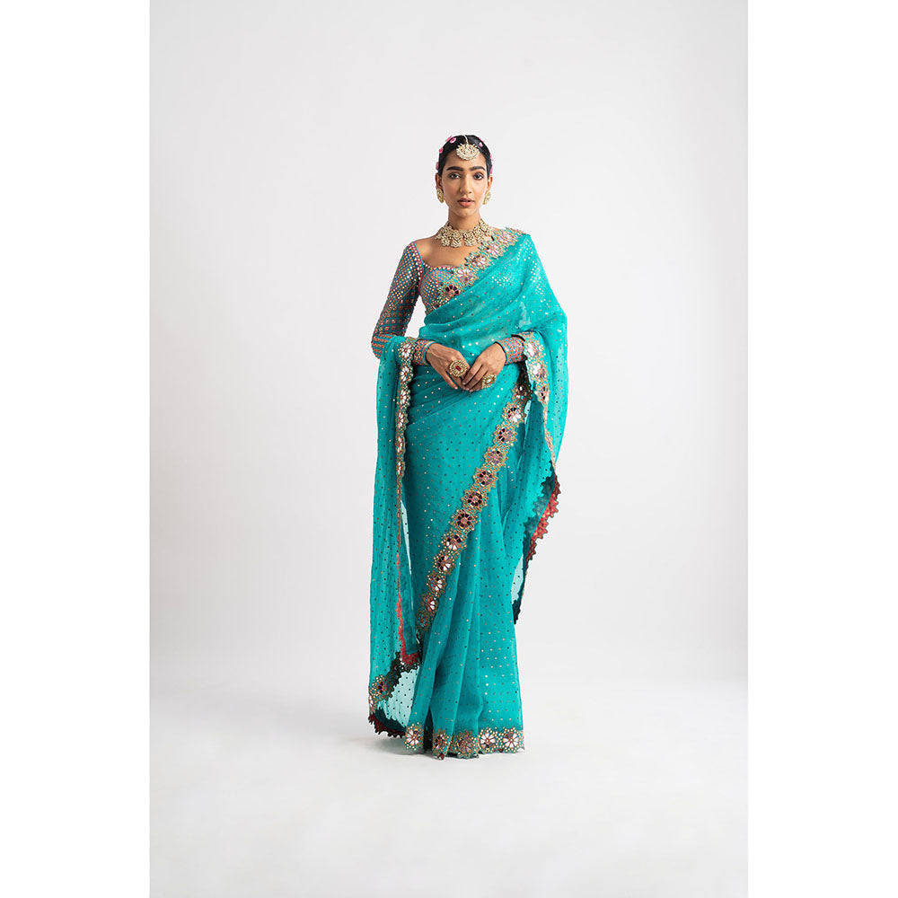 Vvani by Vani Vats Peacock Green Hand Cut Mirror Border Saree & Stitched Blouse