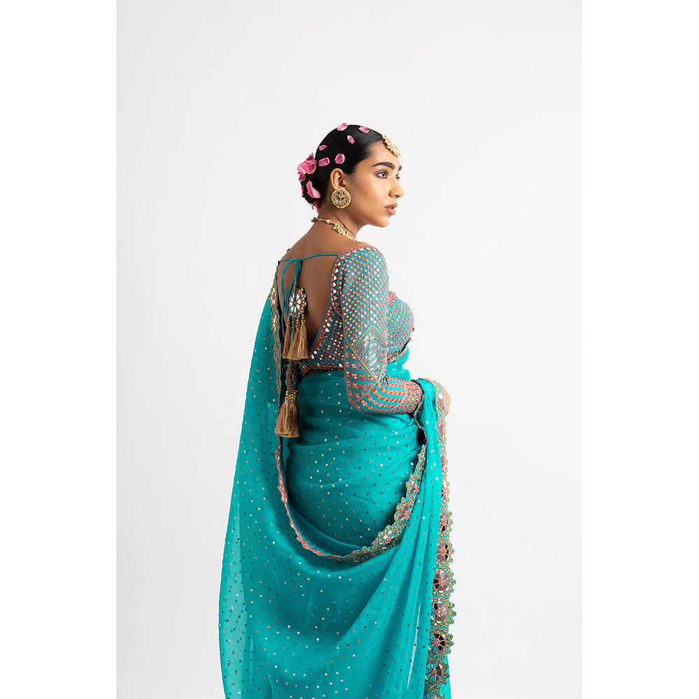 Vvani by Vani Vats Peacock Green Hand Cut Mirror Border Saree & Stitched Blouse
