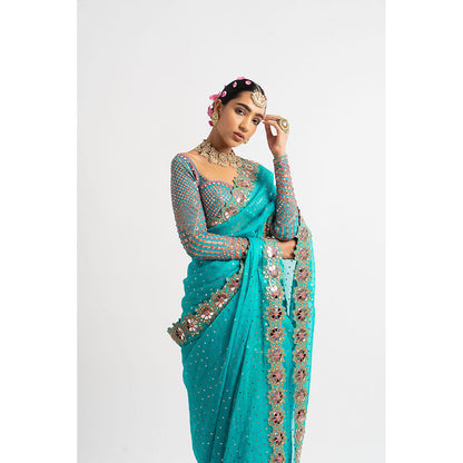Vvani by Vani Vats Peacock Green Hand Cut Mirror Border Saree & Stitched Blouse