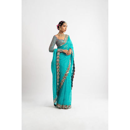 Vvani by Vani Vats Peacock Green Hand Cut Mirror Border Saree & Stitched Blouse
