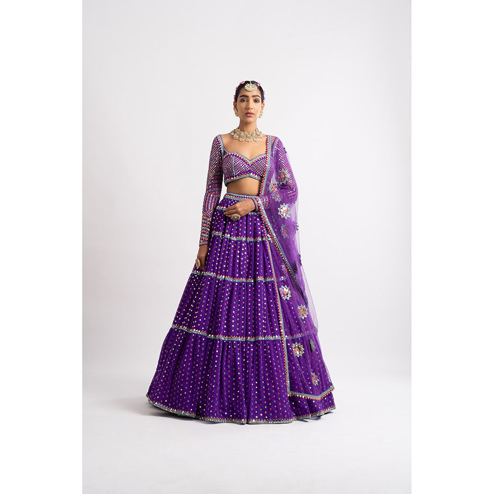 Vvani by Vani Vats Purple Multi Tier Blouse with Lehenga & Dupatta (Set of 3)