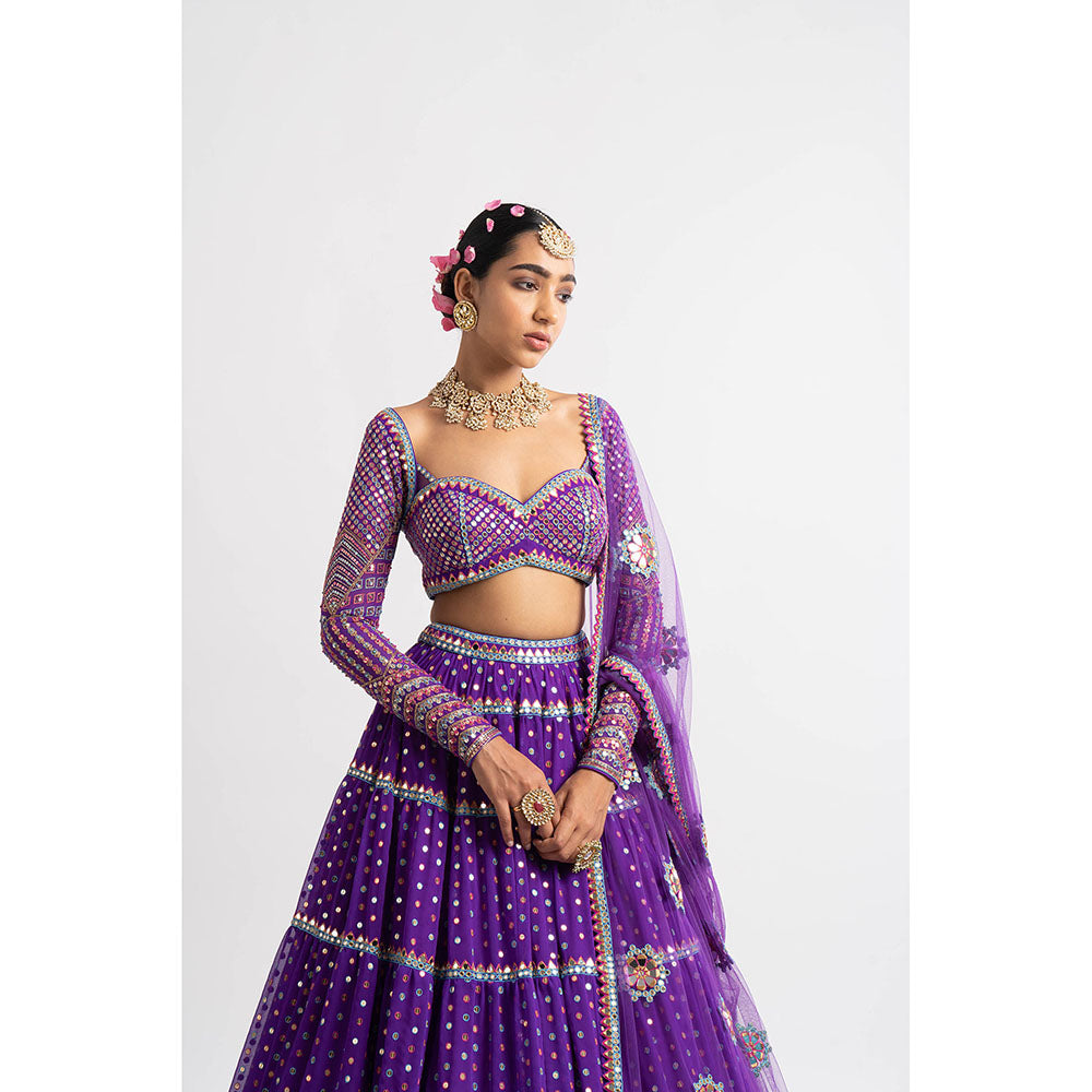 Vvani by Vani Vats Purple Multi Tier Blouse with Lehenga & Dupatta (Set of 3)