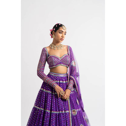 Vvani by Vani Vats Purple Multi Tier Blouse with Lehenga & Dupatta (Set of 3)