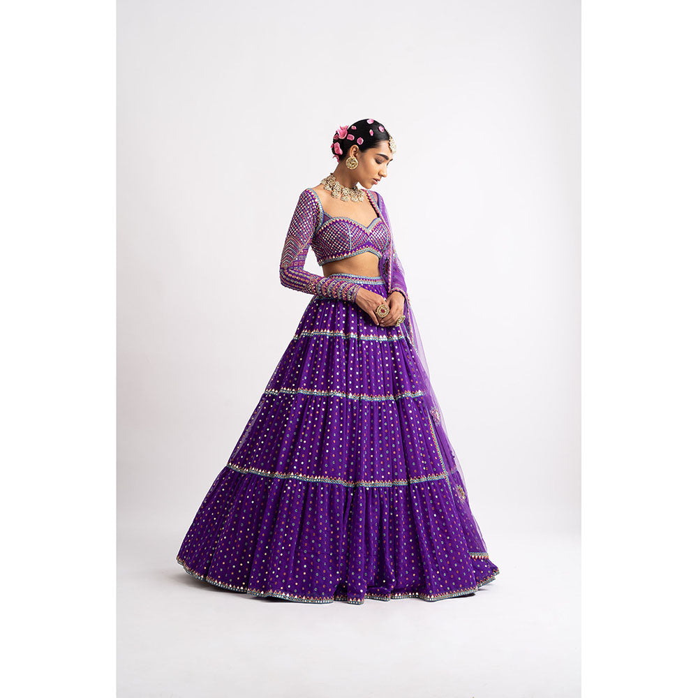Vvani by Vani Vats Purple Multi Tier Blouse with Lehenga & Dupatta (Set of 3)