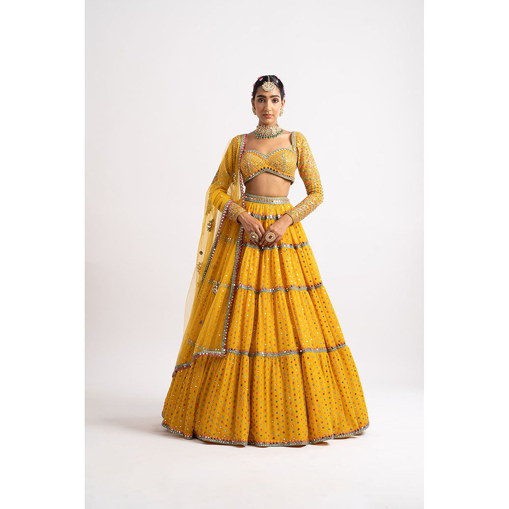 Vvani by Vani Vats Yellow Multi Tier Blouse with Lehenga & Dupatta (Set of 3)