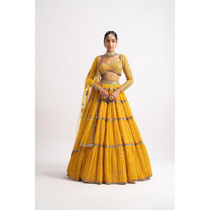 Vvani by Vani Vats Yellow Multi Tier Blouse with Lehenga & Dupatta (Set of 3)