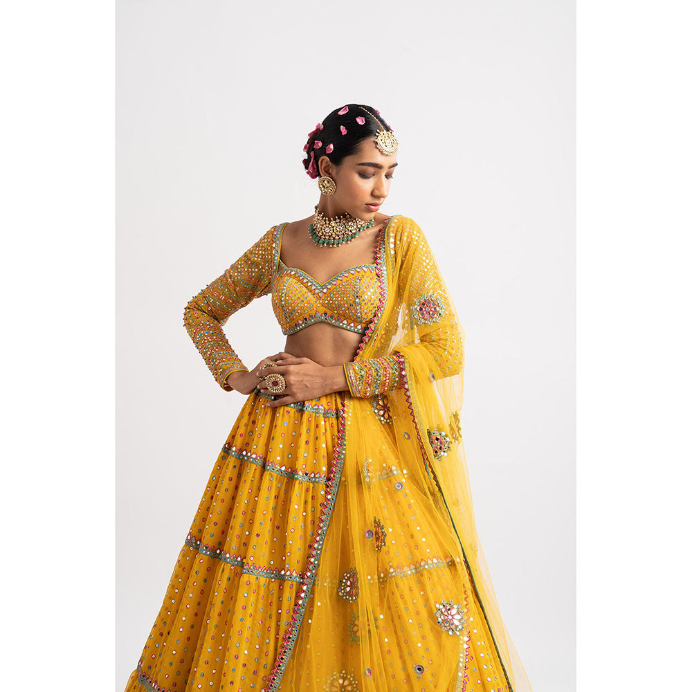 Vvani by Vani Vats Yellow Multi Tier Blouse with Lehenga & Dupatta (Set of 3)