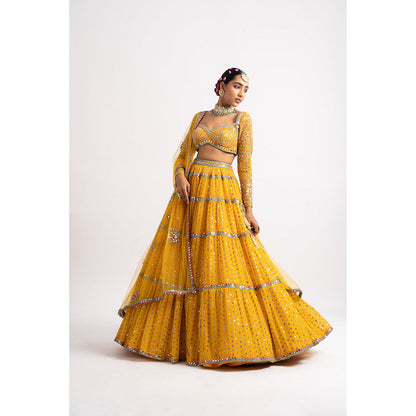Vvani by Vani Vats Yellow Multi Tier Blouse with Lehenga & Dupatta (Set of 3)