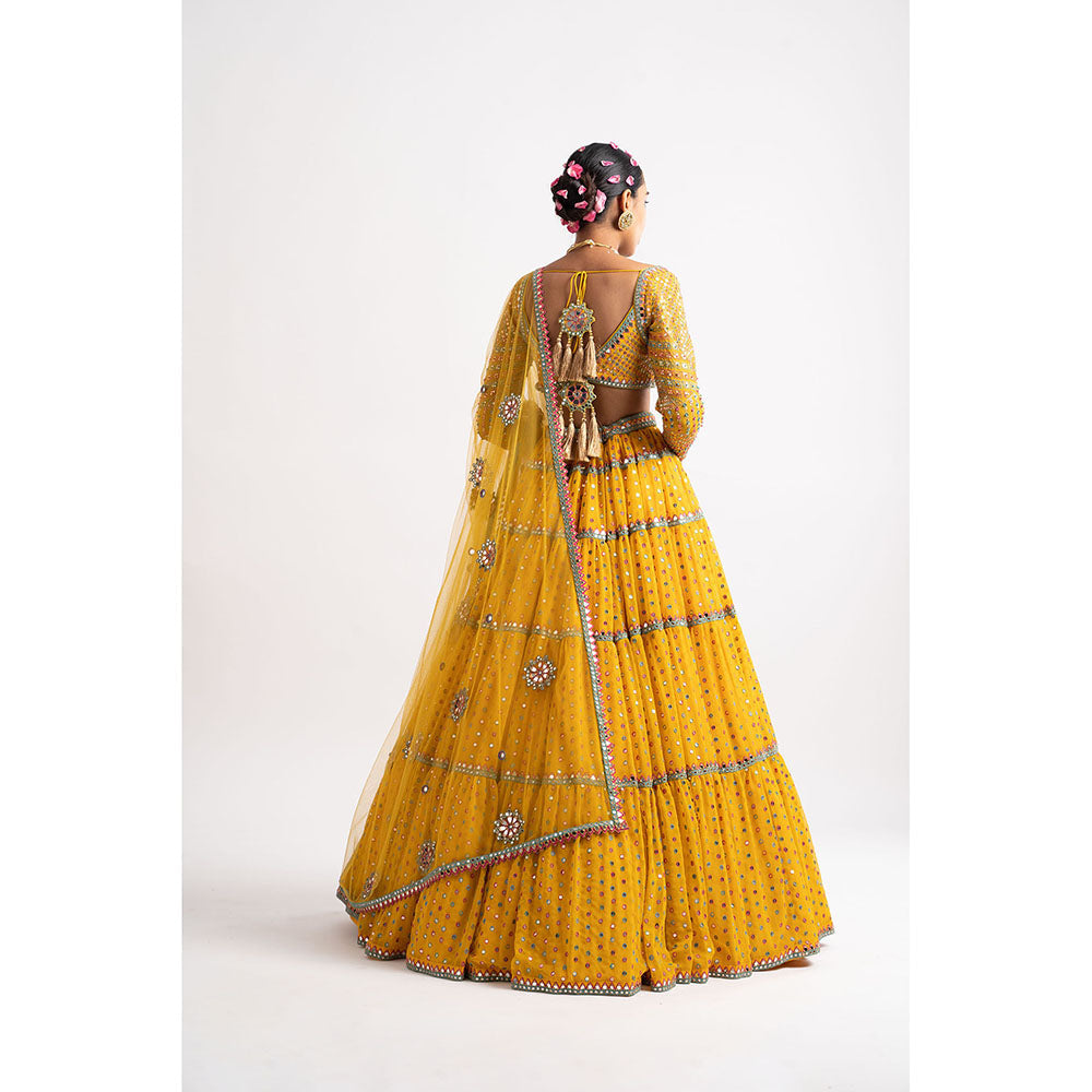 Vvani by Vani Vats Yellow Multi Tier Blouse with Lehenga & Dupatta (Set of 3)