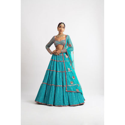 Vvani by Vani Vats Peacock Green Multi Tier Blouse with Lehenga & Dupatta (Set of 3)