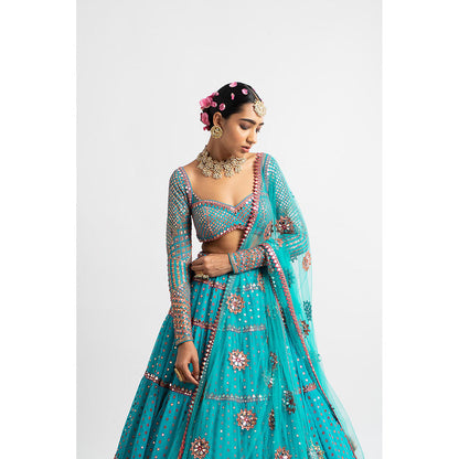 Vvani by Vani Vats Peacock Green Multi Tier Blouse with Lehenga & Dupatta (Set of 3)